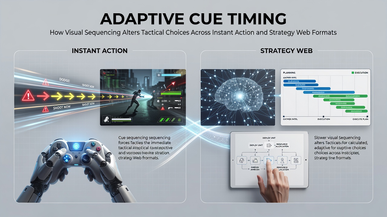 Visual sequencing cues in browser-based action and strategy game interfaces showing timed prompts and player response indicators