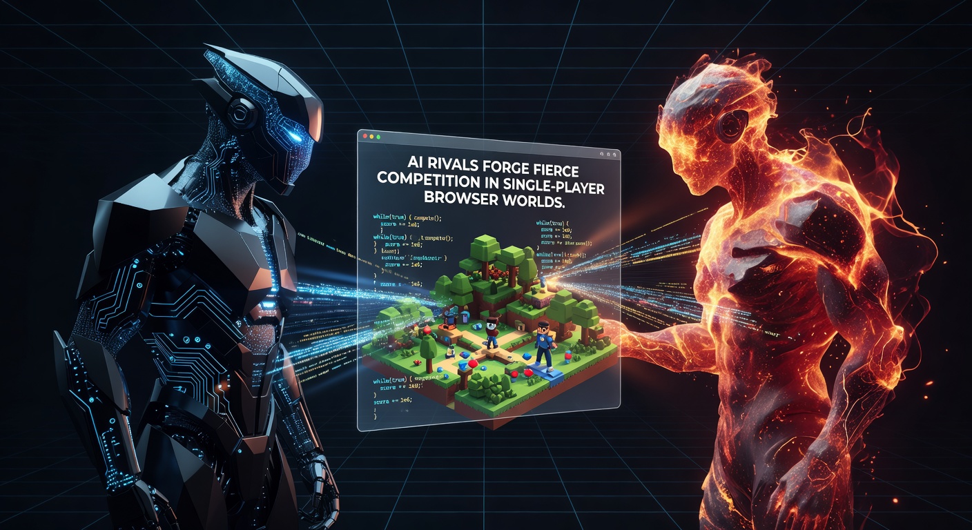 A dynamic browser game screen showing an AI opponent racing against a player in a neon-lit virtual world, highlighting intense single-player competition