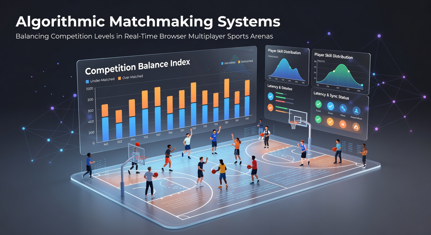 Algorithmic matchmaking dashboard displaying skill ratings and real-time pairing for browser-based sports arenas