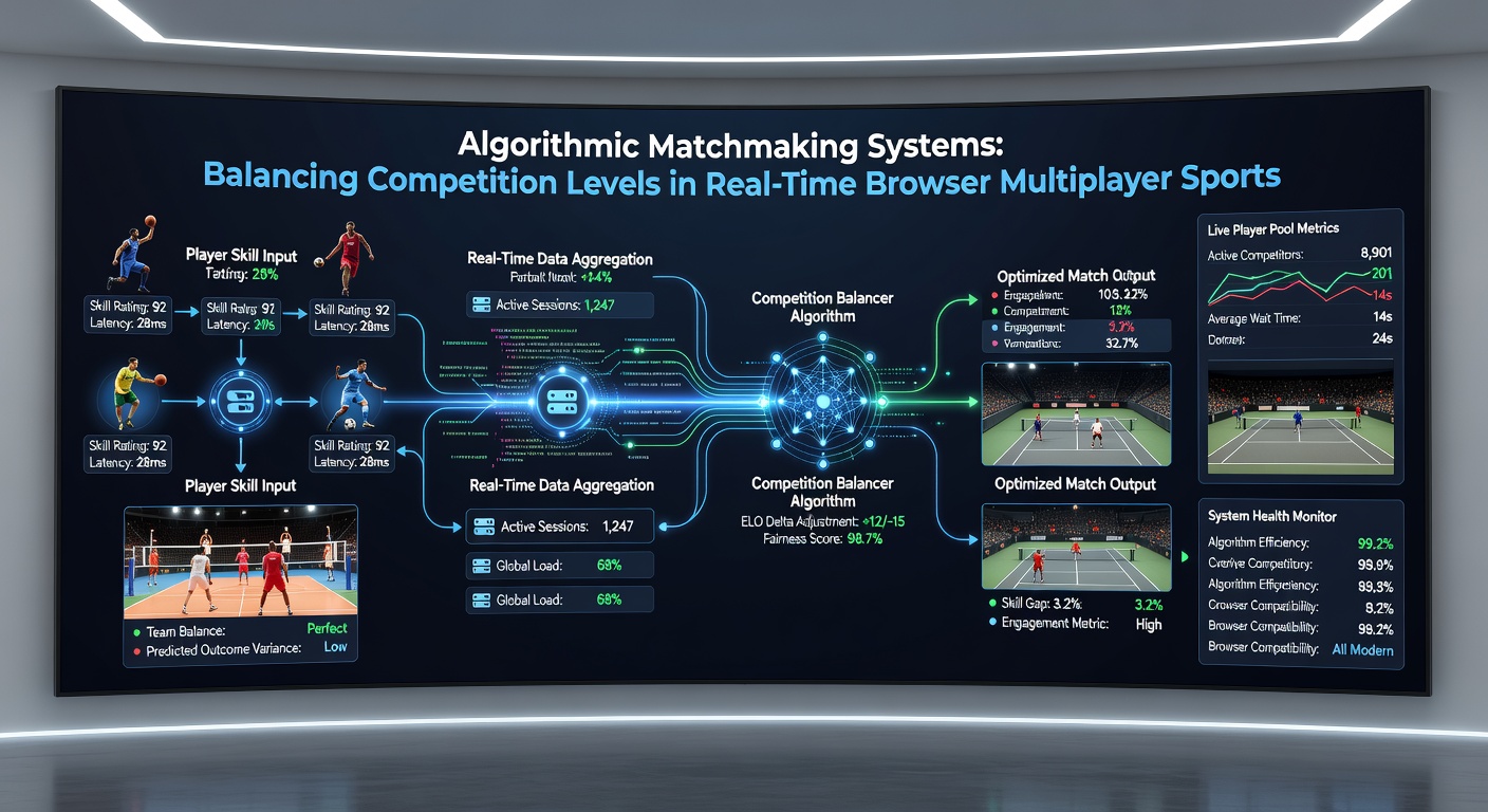 Players engaged in a balanced real-time browser sports match with overlaid skill indicators and arena statistics