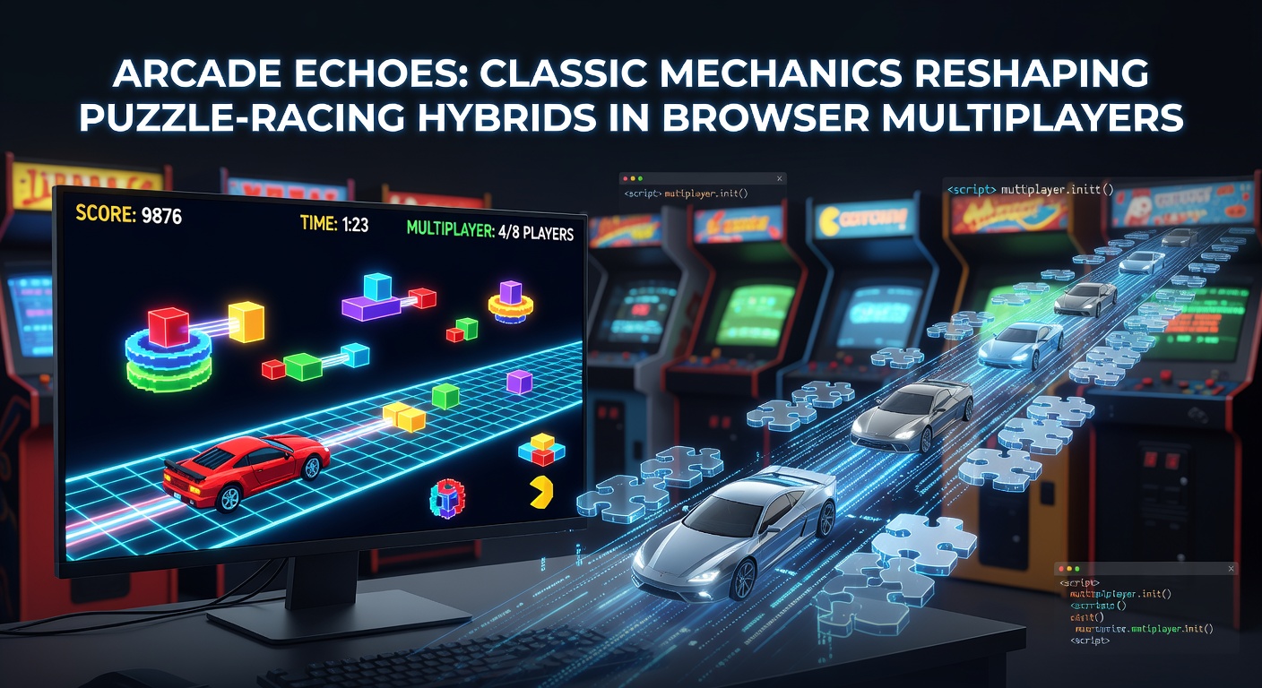 Vibrant browser game screenshot showing players racing through puzzle-filled tracks with arcade-style power-ups exploding on screen