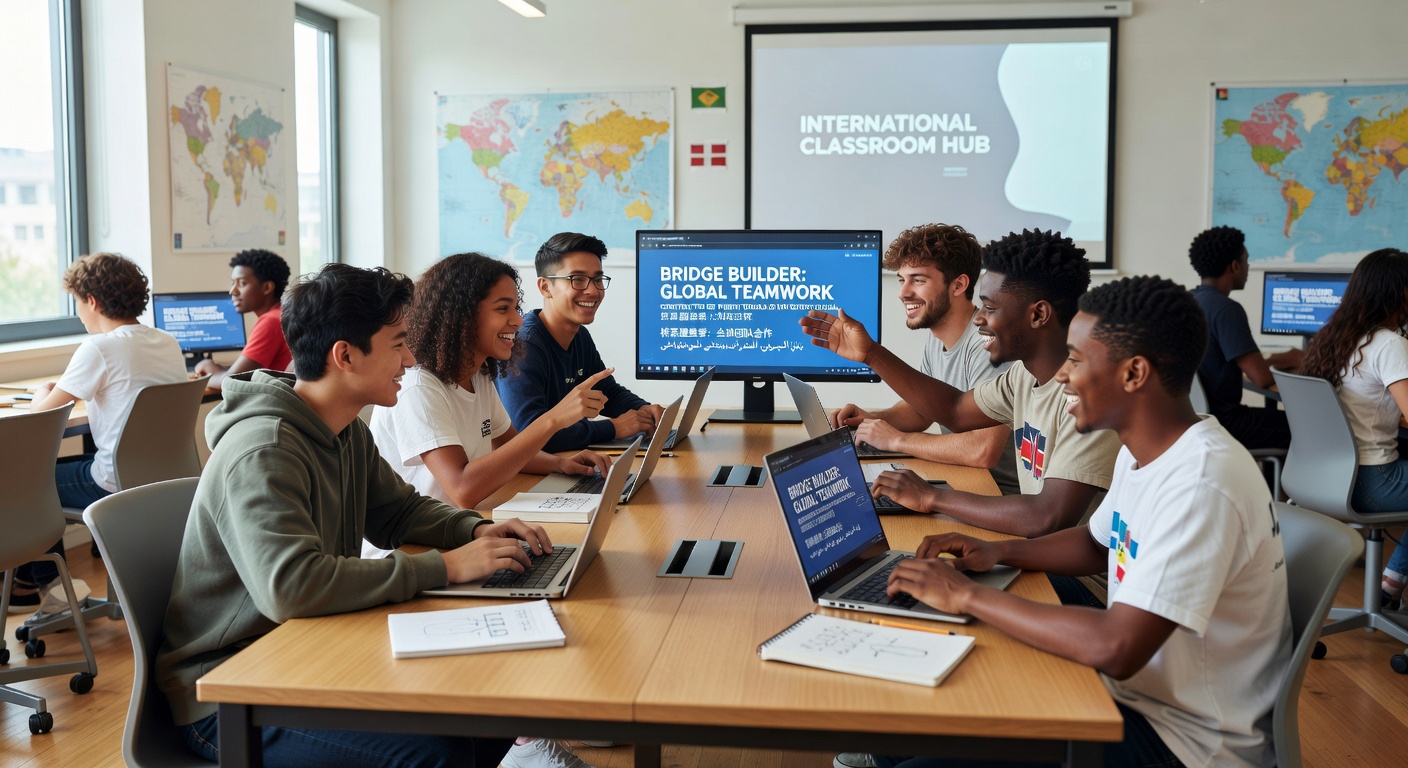 Students from different countries collaborating on a browser-based puzzle game during a virtual classroom session
