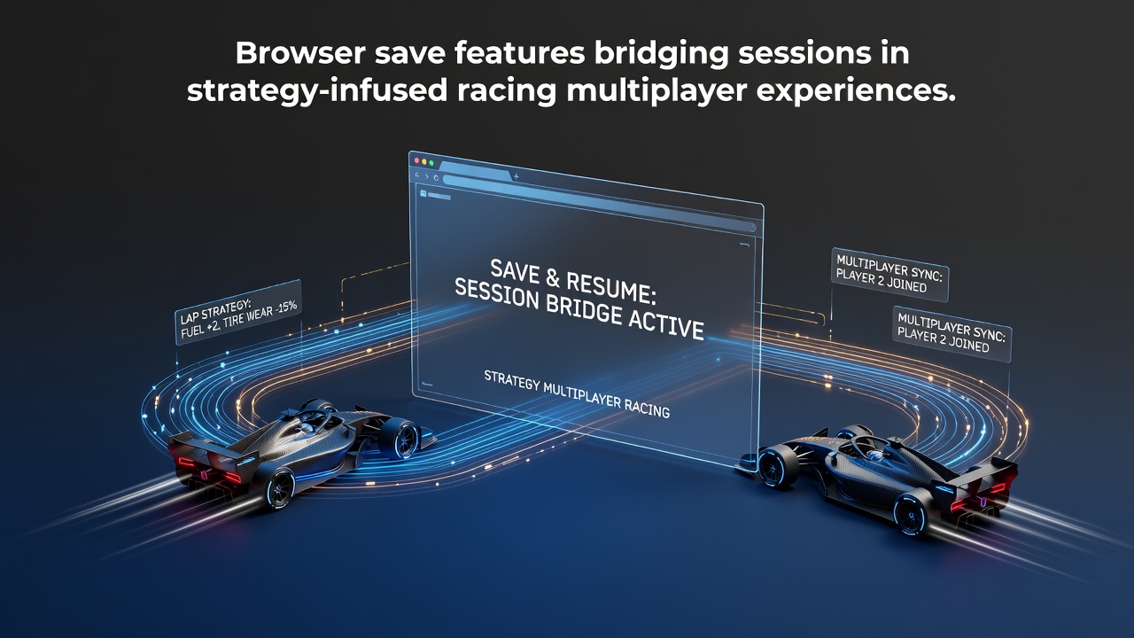 Browser interface showing save state options in a strategy racing multiplayer game with track map and progress indicators