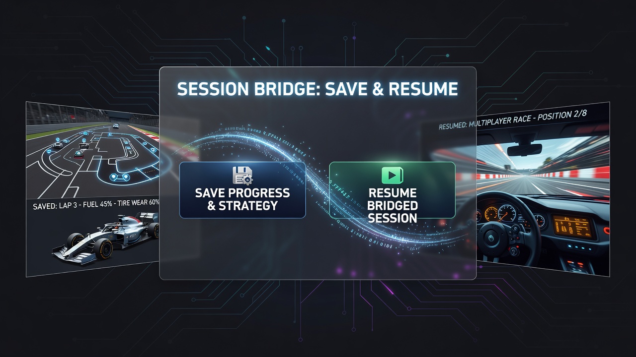 Multiplayer racing lobby with strategy overlay and session resume notifications in a browser environment