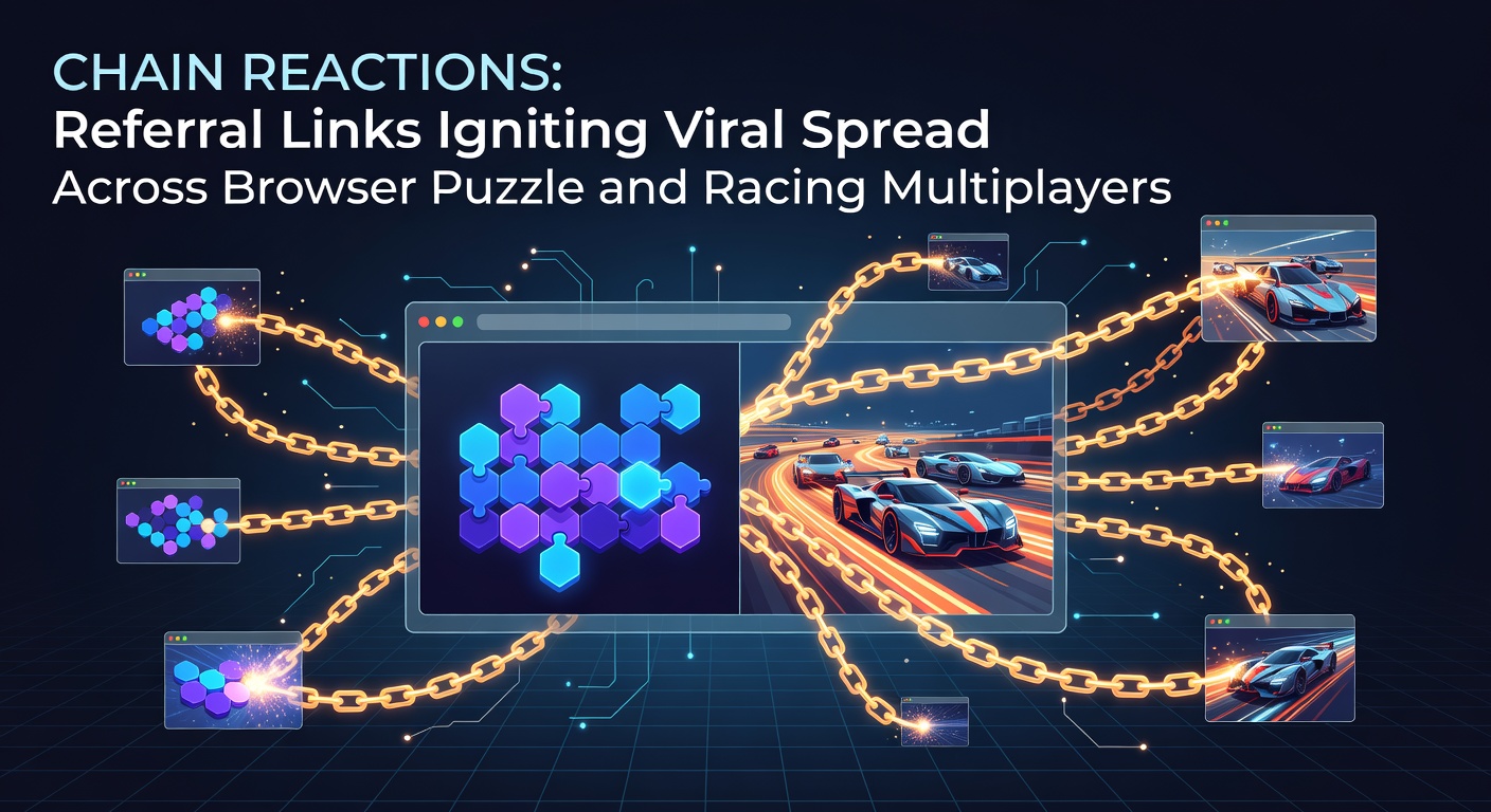 Dynamic visualization of referral chains expanding across networked browser game players in puzzle and racing multiplayer environments