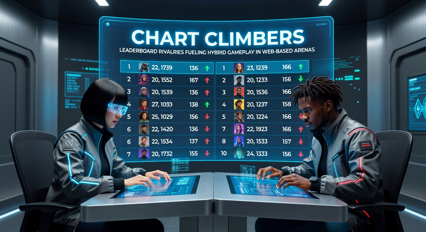 Players intensely competing on a dynamic web-based leaderboard displaying hybrid game scores in real-time, with charts climbing amid rival tactics