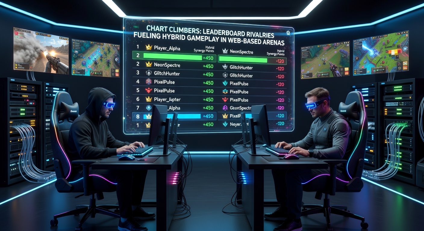 Close-up of a heated leaderboard rivalry in a web arena, showing hybrid tactics like strategy overlays on action tracks pushing scores upward