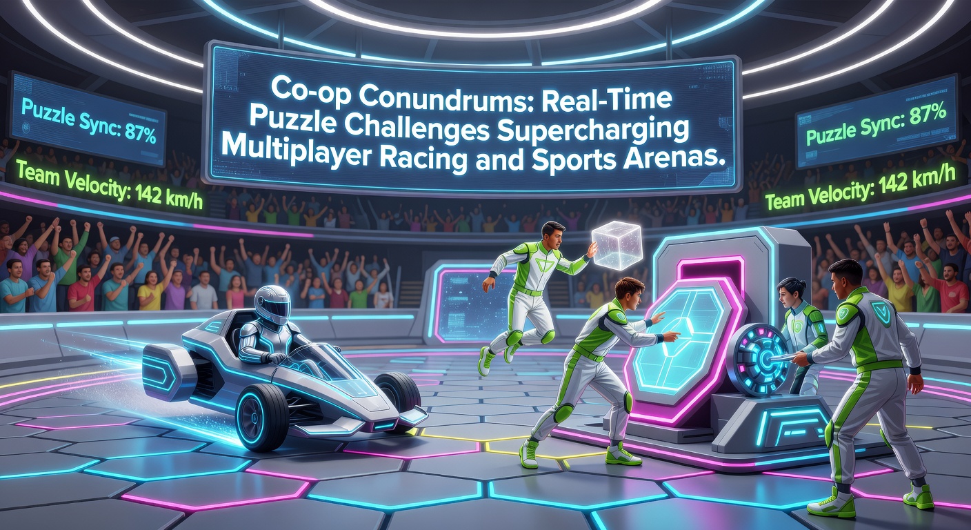 A squad tackling a cooperative puzzle in a vibrant sports arena, coordinating to unlock a path while opponents race ahead