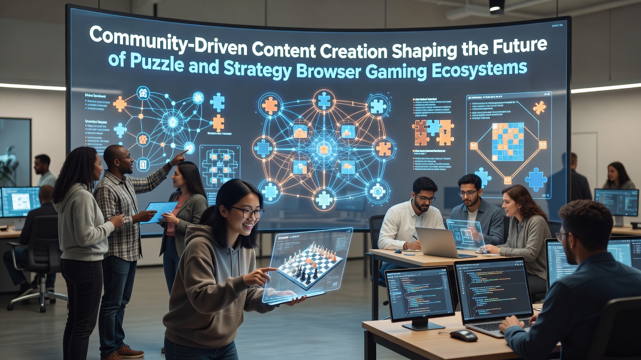 Community members collaborating on puzzle and strategy browser game levels in a shared online workspace