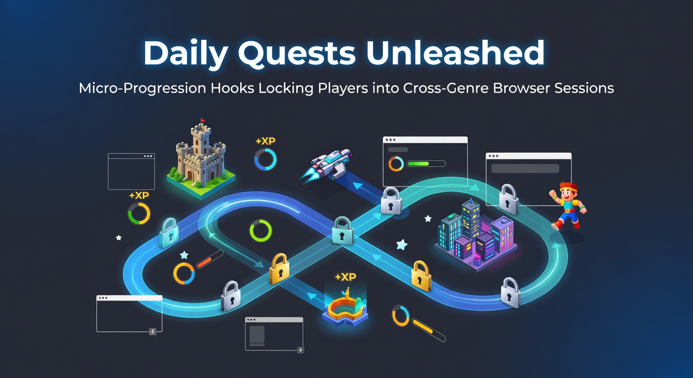 Vibrant browser game interface showing daily quest notifications pulling players into puzzle-racing hybrids and strategy sessions