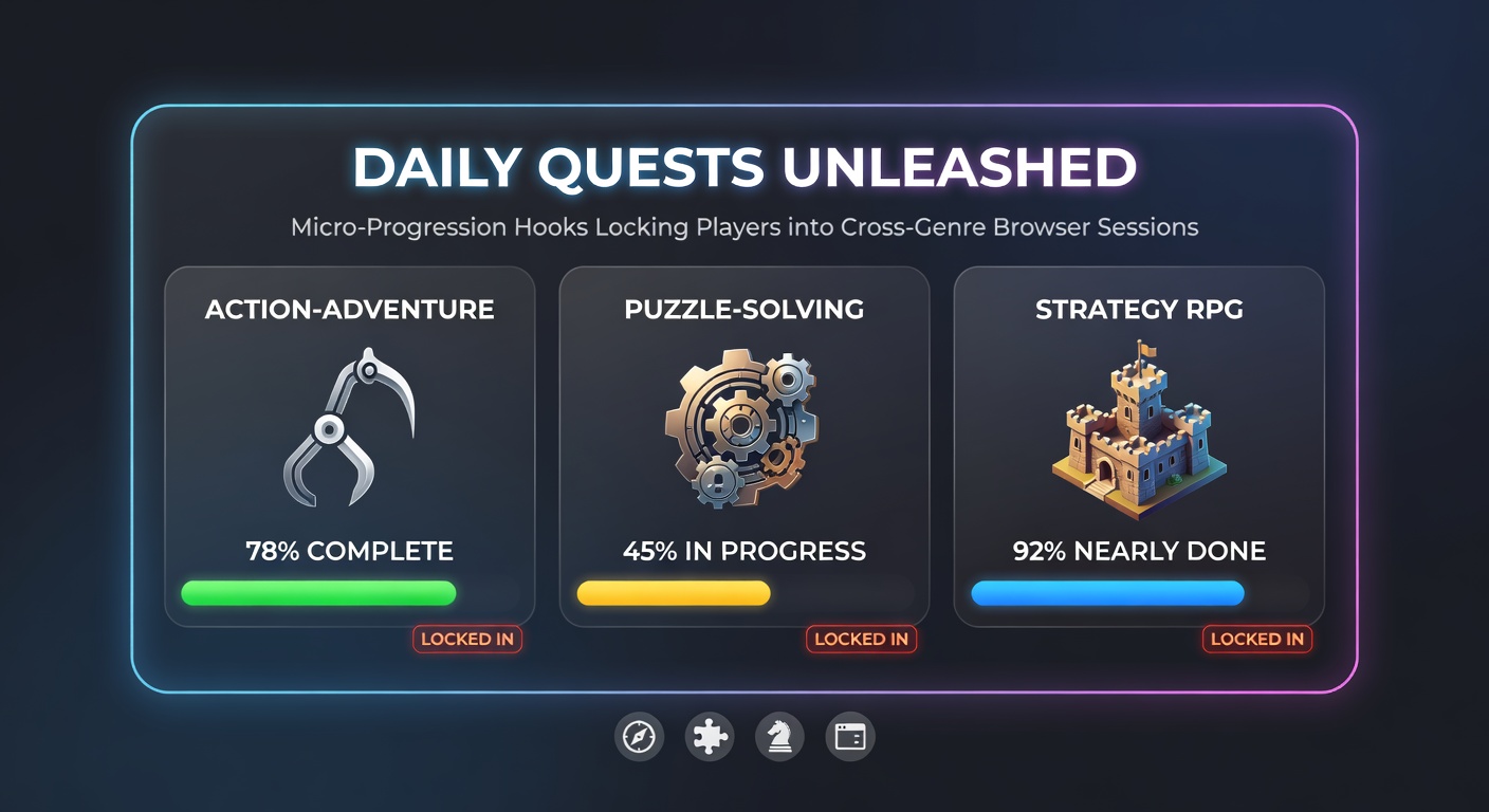 Close-up of progression bars filling via daily quests in a multi-genre browser dashboard, with racing icons merging into puzzle rewards