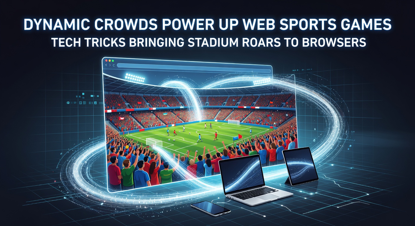 Close-up of browser-rendered crowd animations showing diverse fan reactions, from cheers to jeers, powered by real-time procedural generation in a virtual sports arena