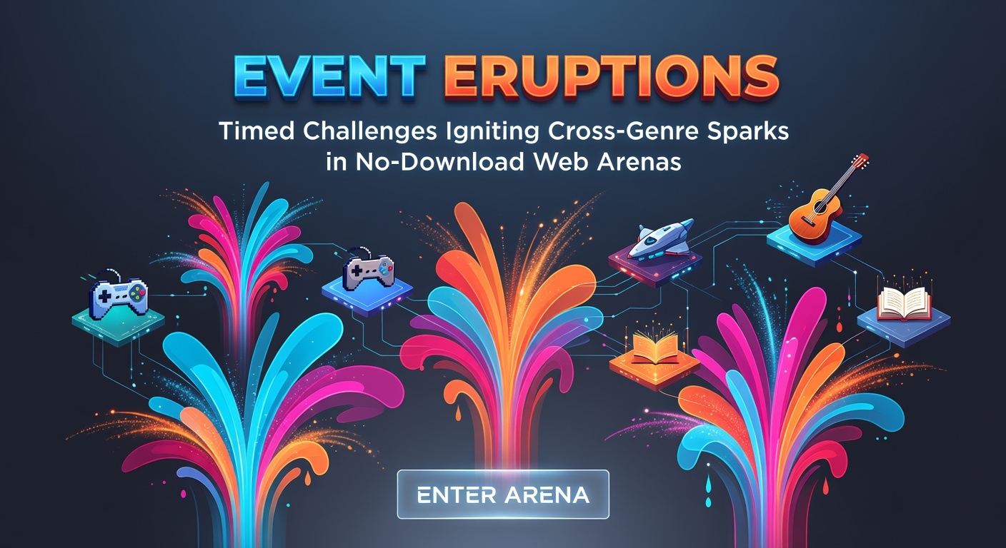 Dynamic cross-genre eruption in action, showing strategy puzzles merging with fast-paced adventure chases in a no-download multiplayer web environment