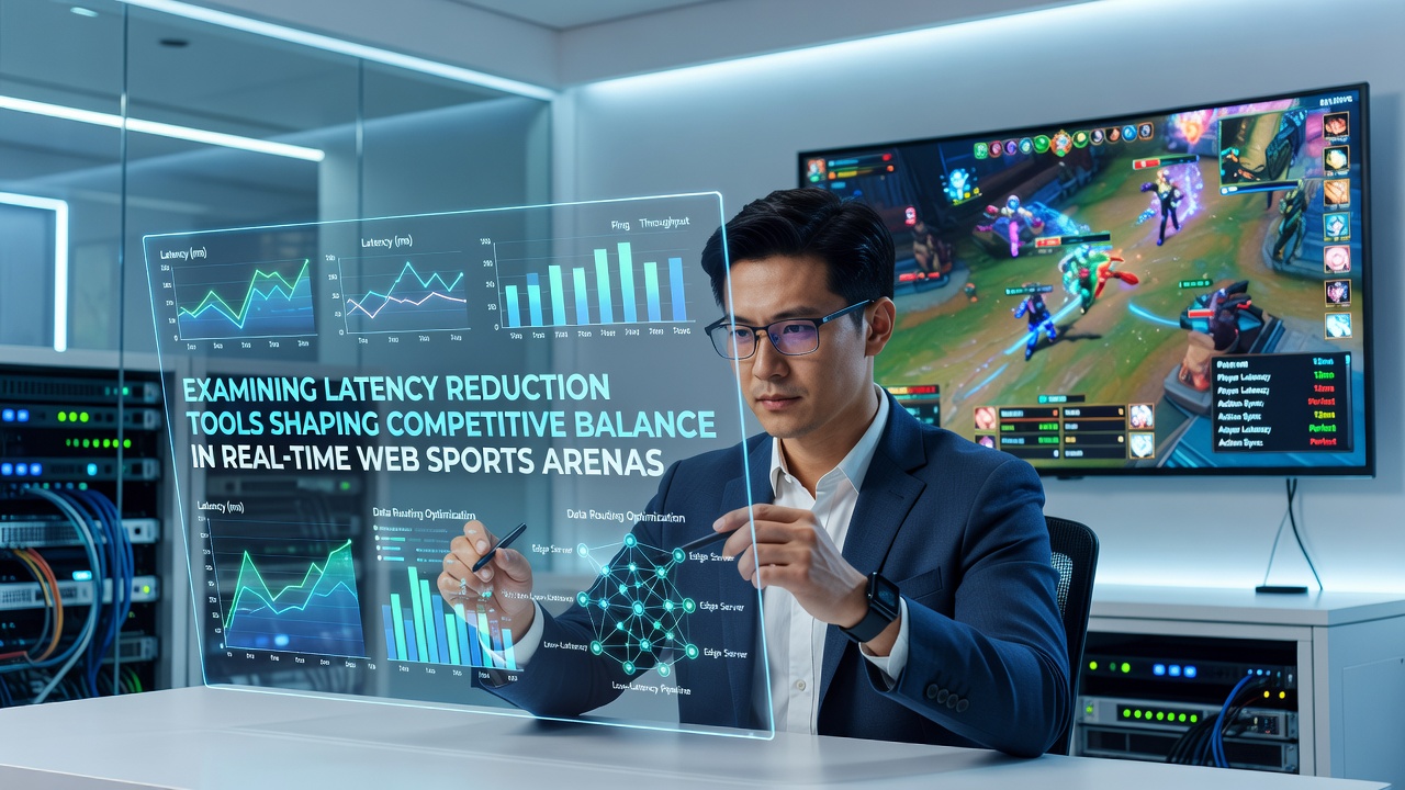 Network diagram showing latency reduction tools applied to real-time web sports arenas with connected player nodes and server infrastructure