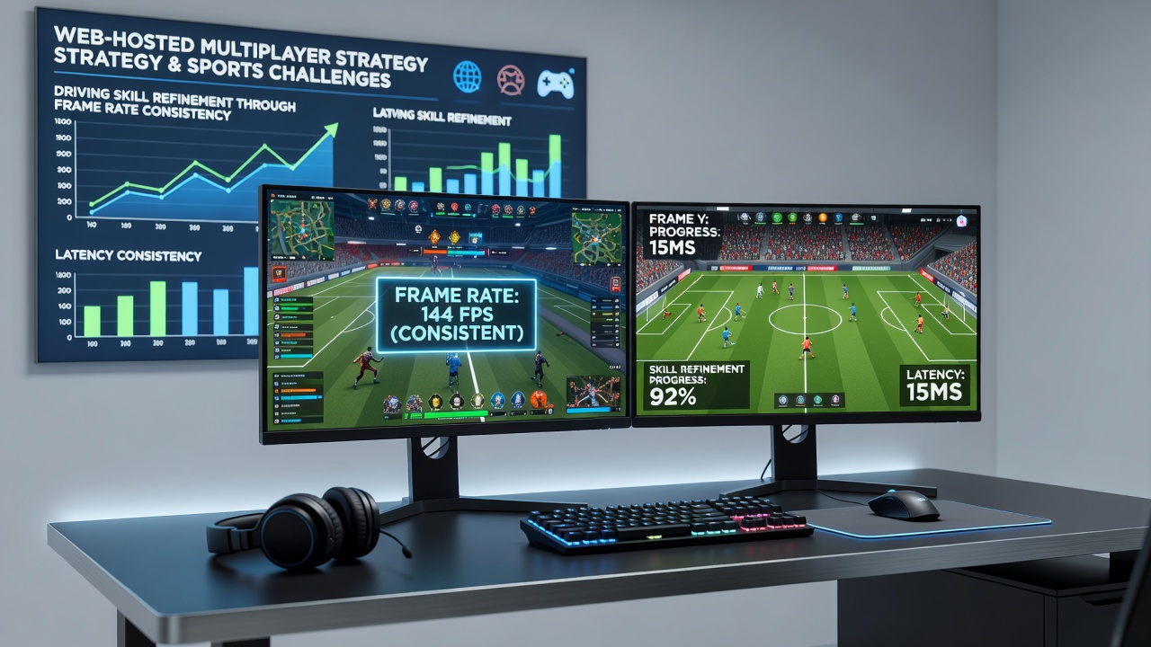 Sports challenge sequence in a web multiplayer arena with overlaid frame rate monitoring tools