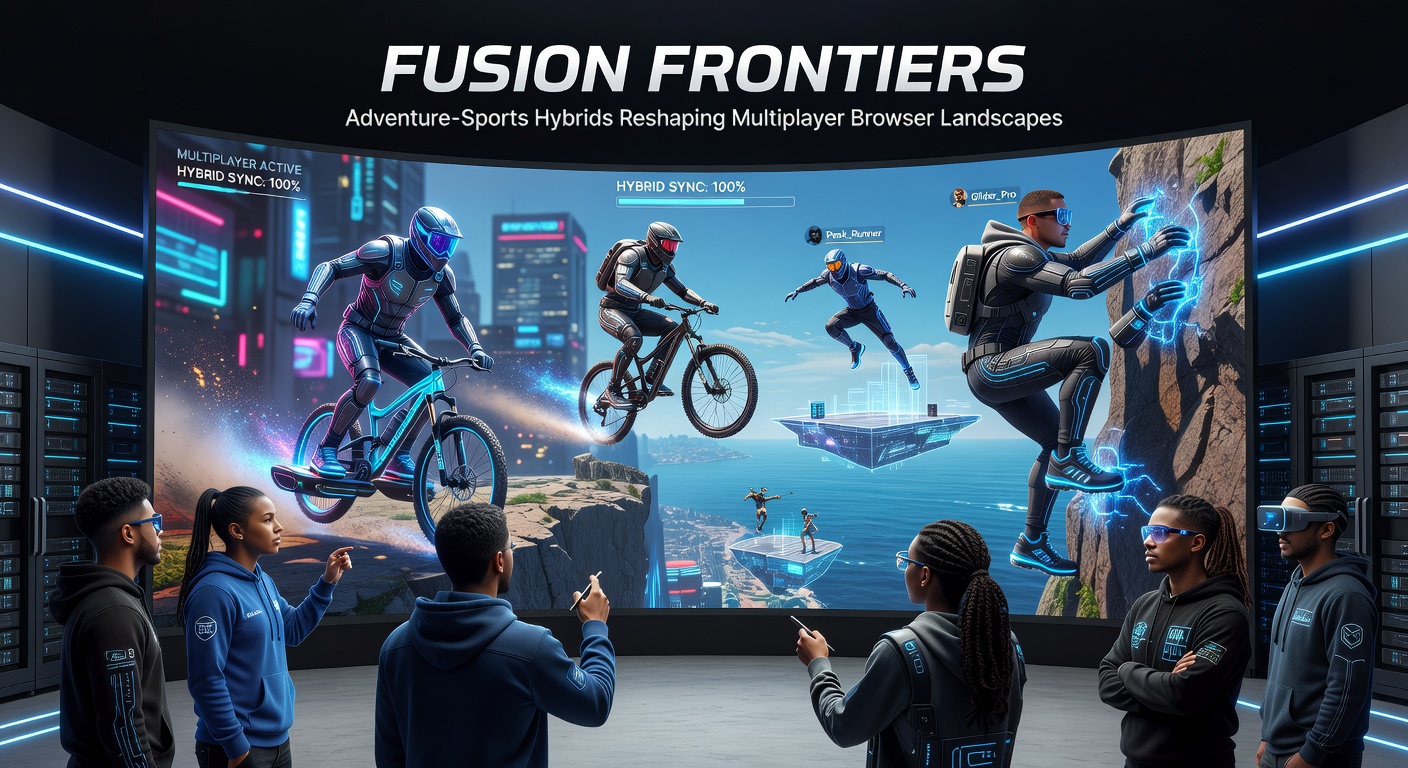 A dynamic multiplayer scene showing teams in an adventure-sports hybrid, leaping across floating platforms while competing in a timed challenge amid stunning browser-rendered landscapes