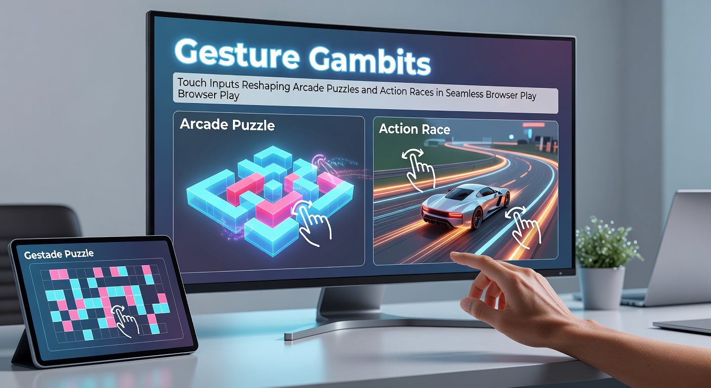 A player swiping across a tablet screen to manipulate puzzle pieces in a fast-paced browser arcade game, with vibrant colors and smooth gesture trails highlighting touch precision