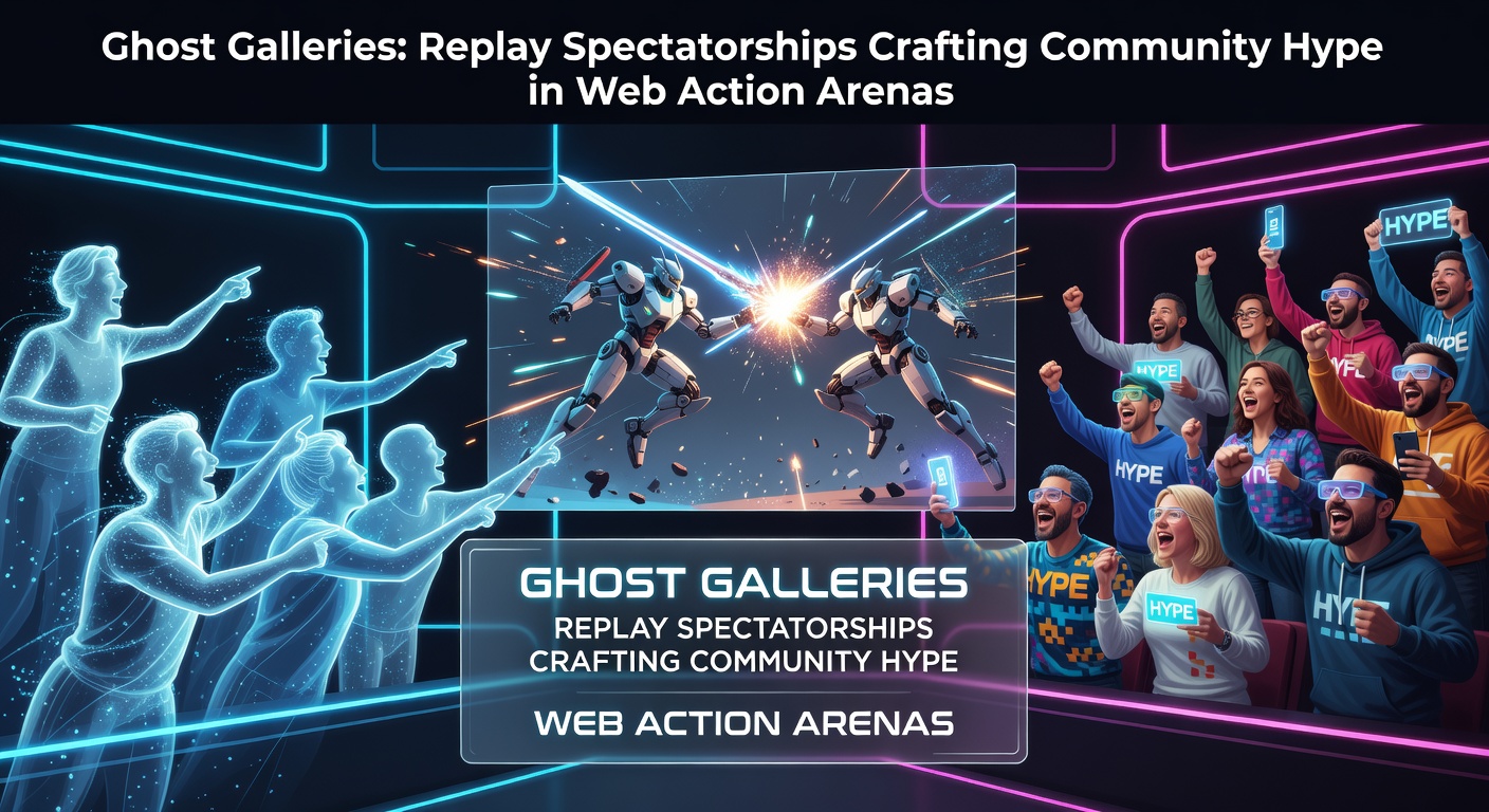 A dynamic screenshot of a web action arena replay gallery, showing ghostly player avatars clashing in a neon-lit battlefield with spectator chat overlays buzzing