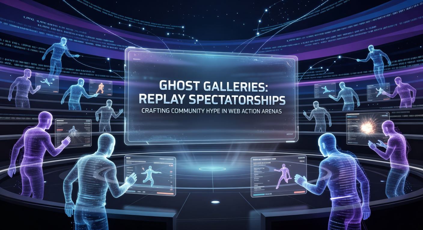 Close-up of a ghost gallery interface in a web action arena, featuring dueling spectral fighters with replay timelines, viewer counts, and emote reactions exploding on screen