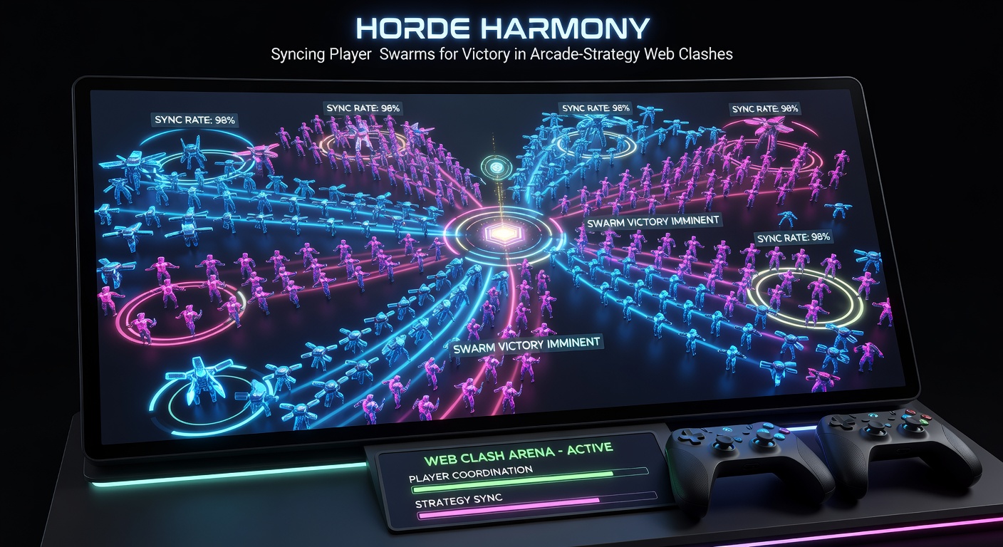 Close-up view of a strategy interface in a web game, showing horde control panels with sync sliders, unit density maps, and real-time victory projections amid swirling enemy swarms