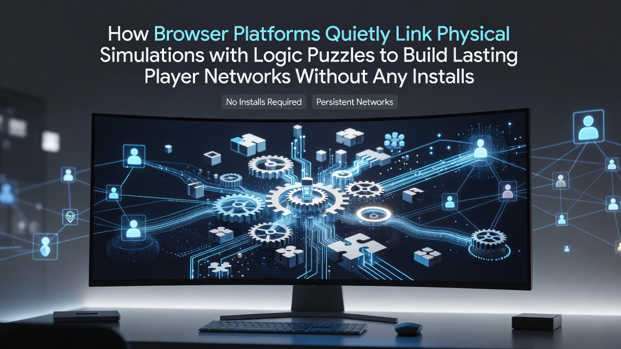 Browser interface displaying interconnected physics-based puzzle elements in a multiplayer simulation environment