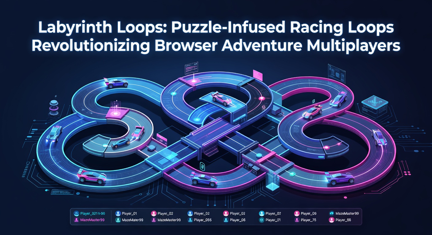 Intense multiplayer scene showing four racers collaborating and competing on a puzzle-riddled looping labyrinth track in a vibrant browser adventure world