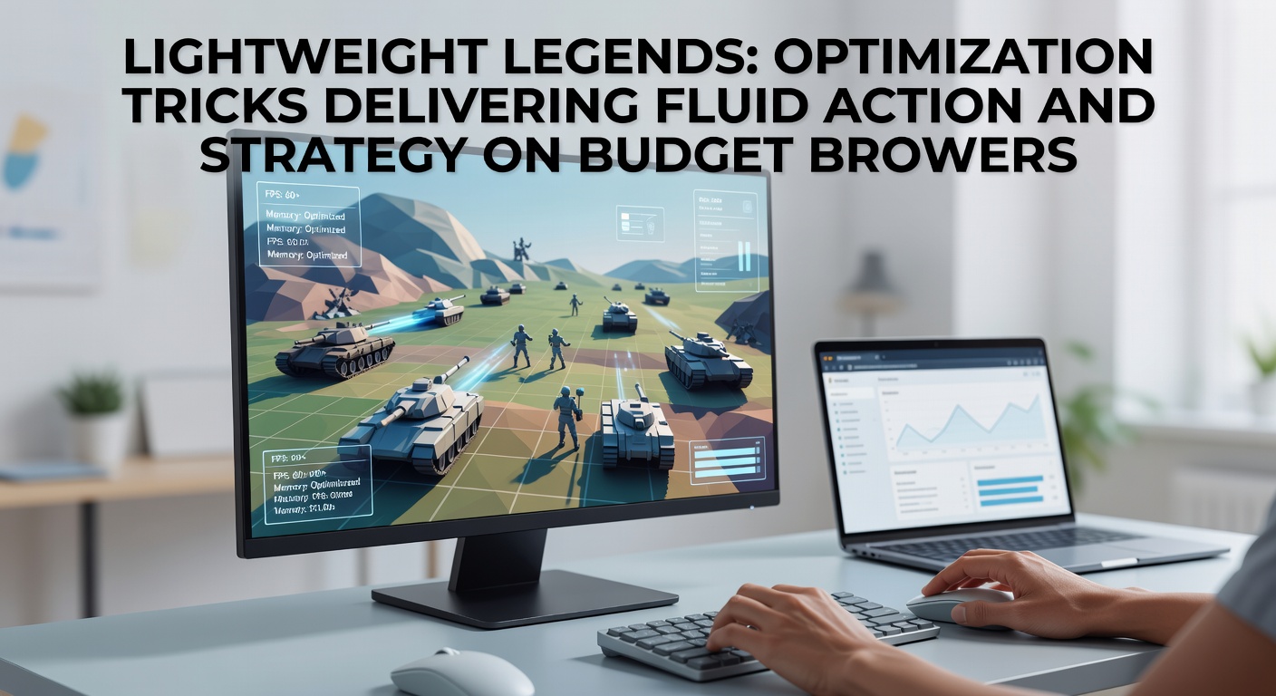 Close-up of browser dev tools showing optimized code execution, low memory usage graphs, and smooth FPS counters during intense strategy-action gameplay