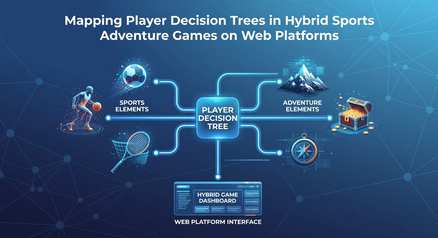 Diagram showing interconnected decision paths in a hybrid sports adventure game interface on a web browser