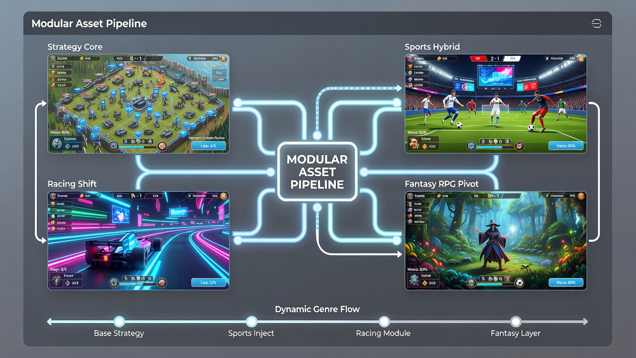 Diagram depicting real-time genre transition flow in strategy sports browser games with asset modules swapping during gameplay