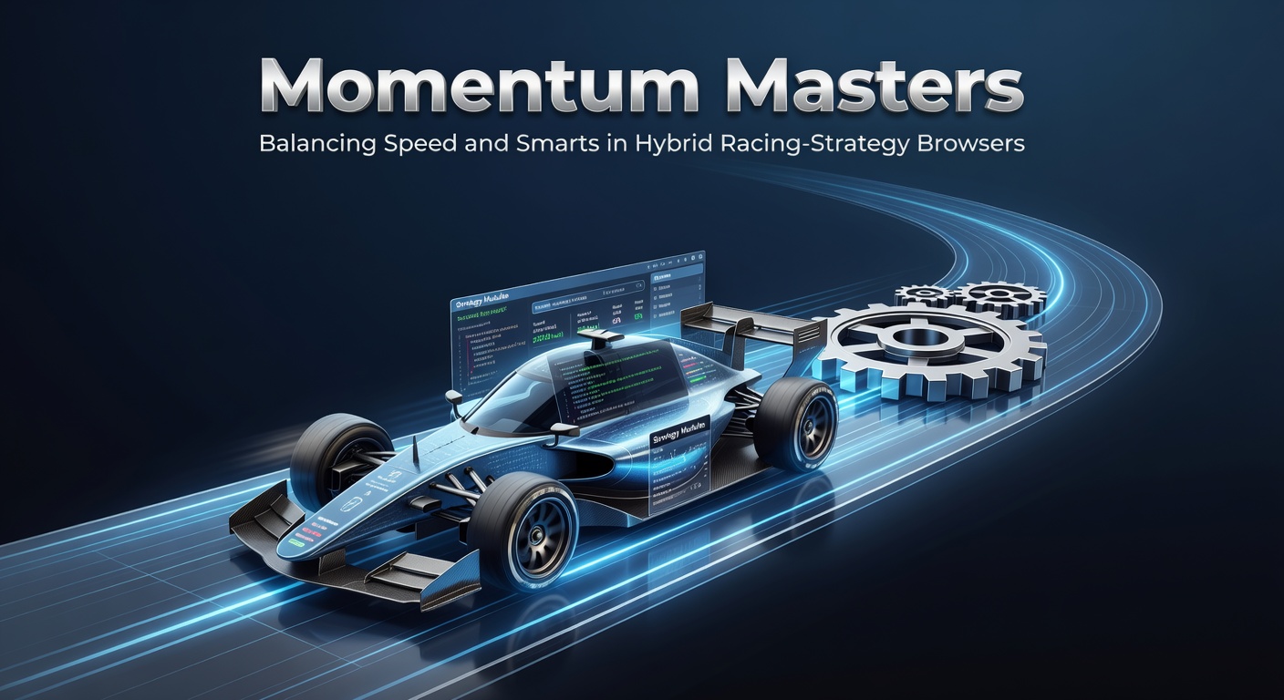 Dynamic screenshot from a hybrid racing-strategy browser game, featuring a neon-lit track where vehicles build momentum around sharp turns while players allocate strategy points on an overlay map