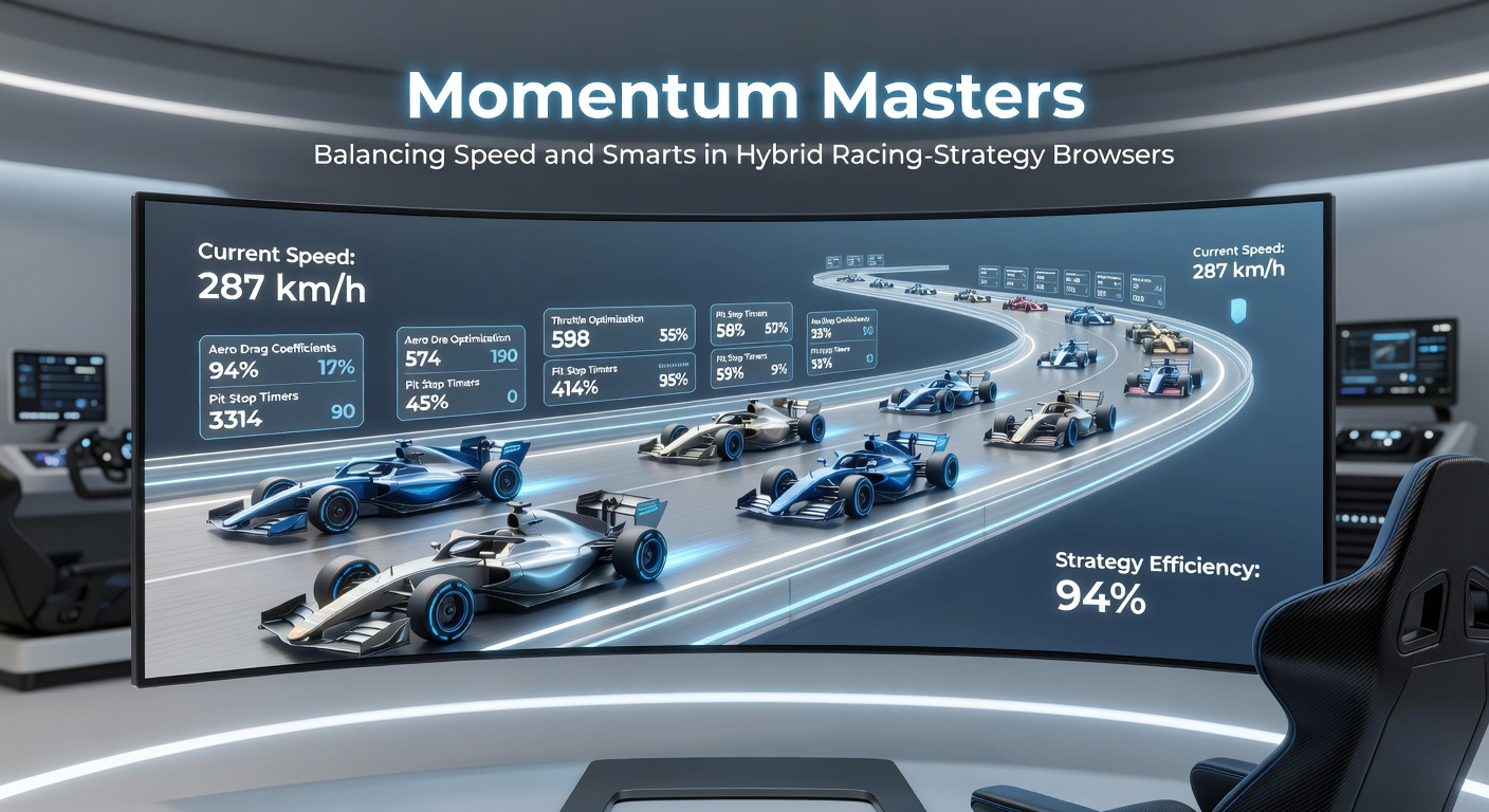 Close-up view of a strategy overlay in a browser hybrid game, displaying momentum gauges, upgrade trees, and rival positioning on a futuristic racetrack