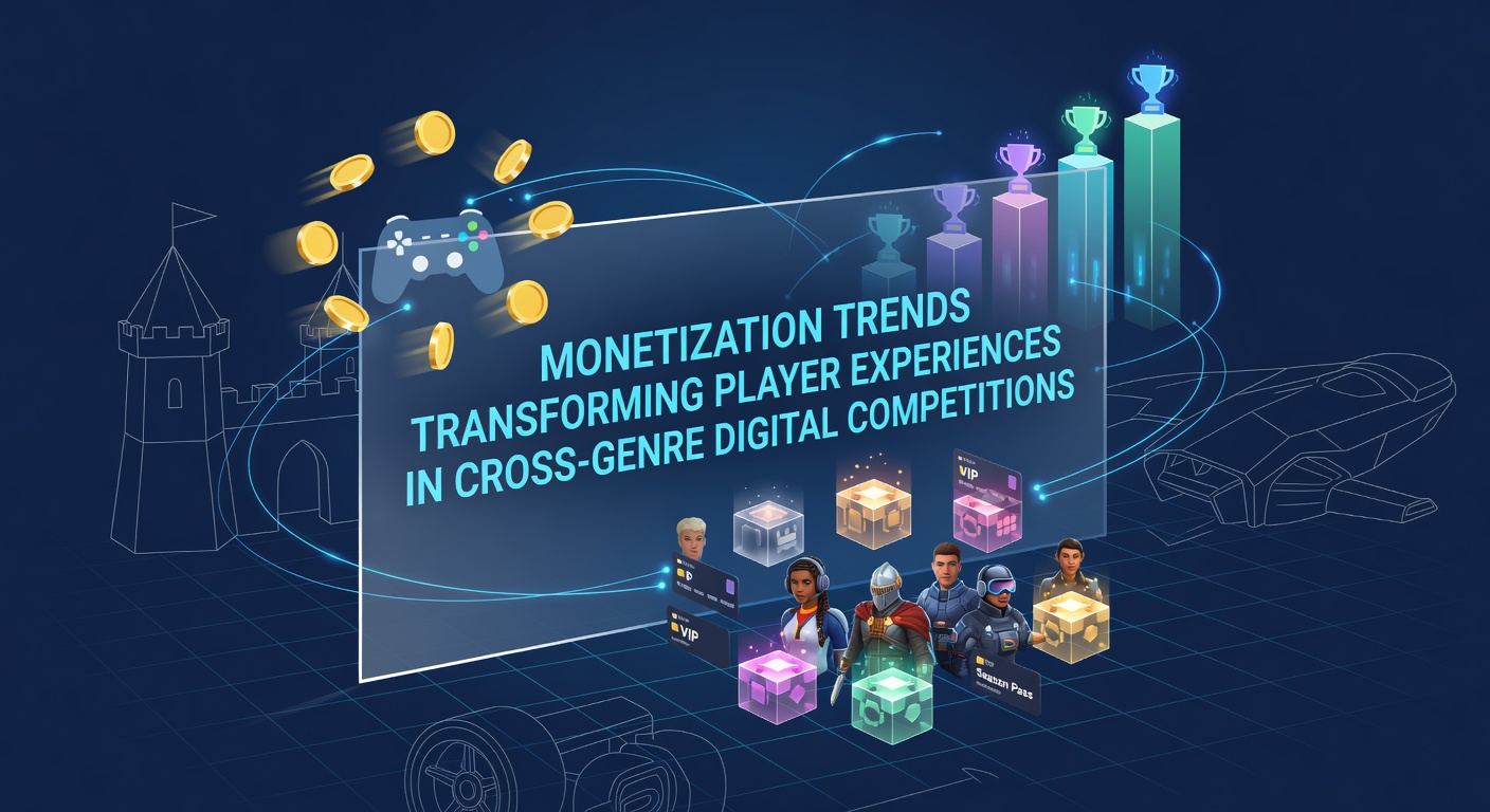 Digital competition interface showing hybrid genre elements with monetization overlays in a multiplayer arena