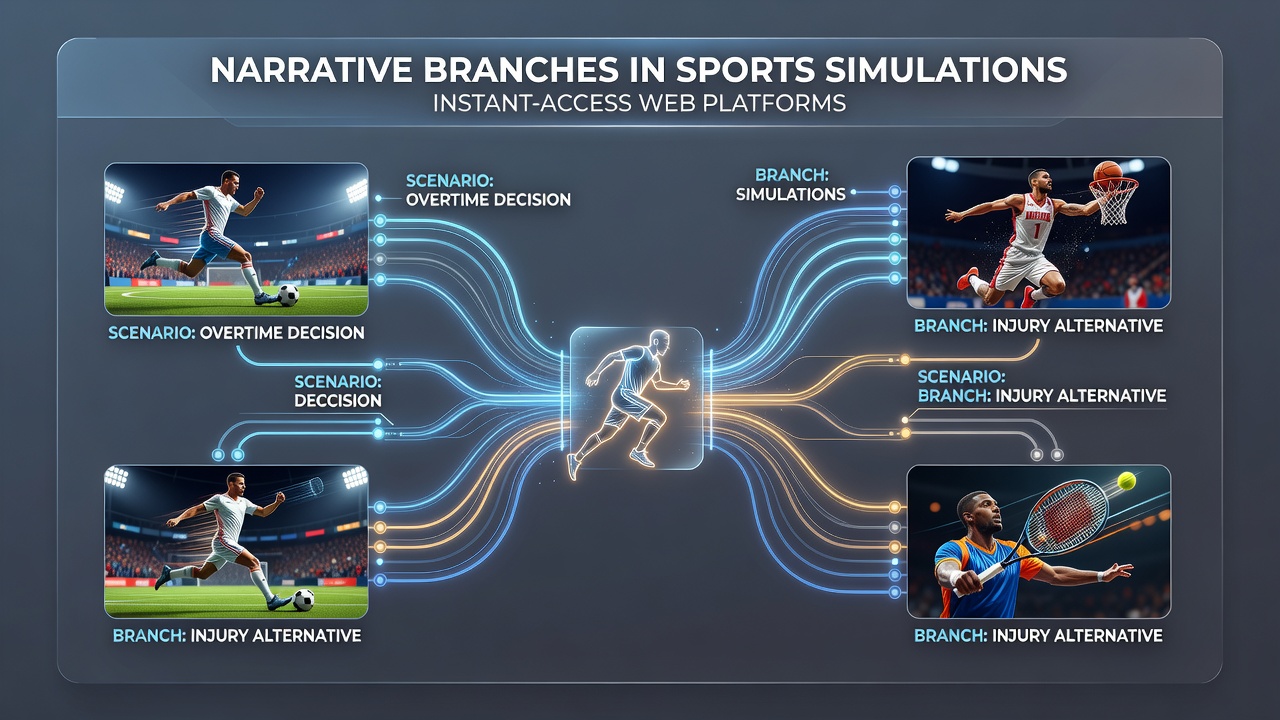 Sports simulation interface showing branching narrative options in a browser-based football match