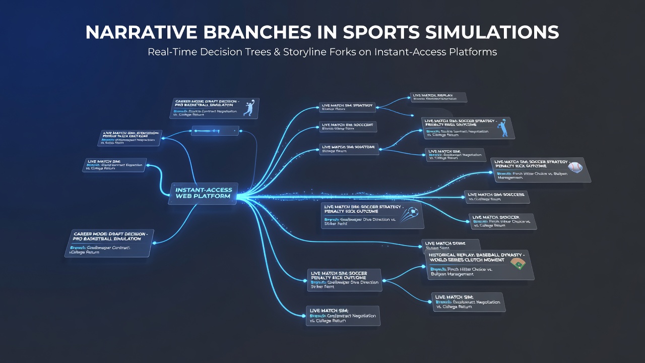 Multiple narrative pathways displayed during a browser sports simulation match