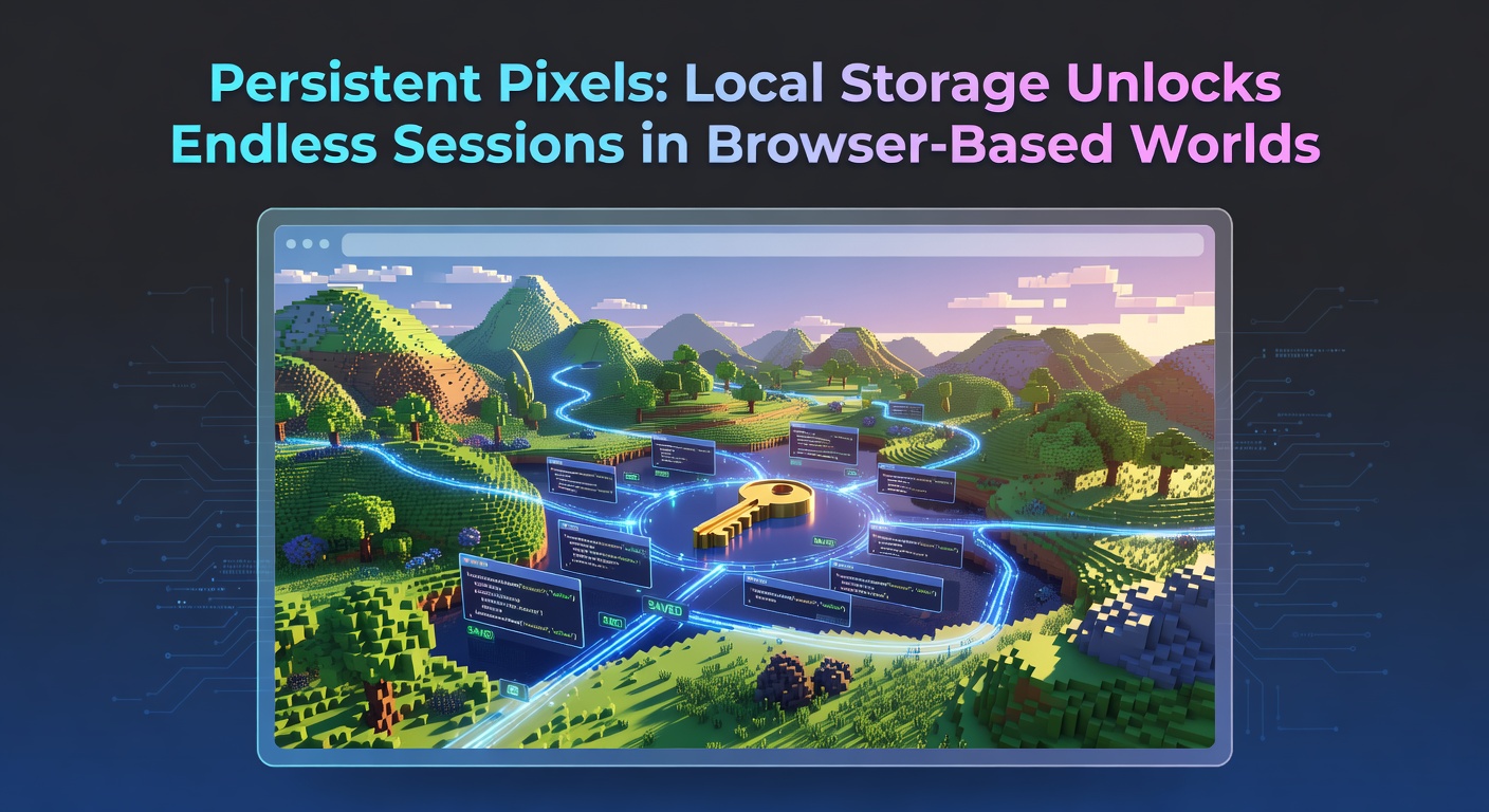 Browser window displaying a vibrant game world with persistent character progress saved via local storage, showing inventory and level-up notifications