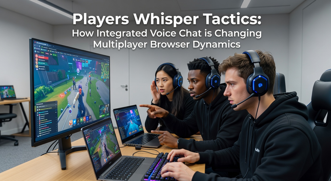 Intense browser multiplayer session with players coordinating via integrated voice chat overlays, headsets glowing amid fast-paced action