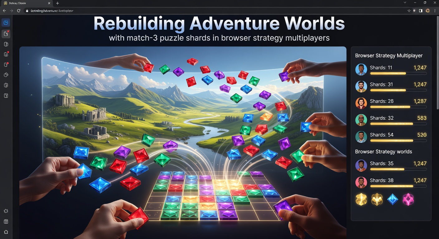 Vibrant browser game interface showing a match-3 puzzle board generating glowing shards amid a rebuilding adventure world with strategic structures and multiplayer elements