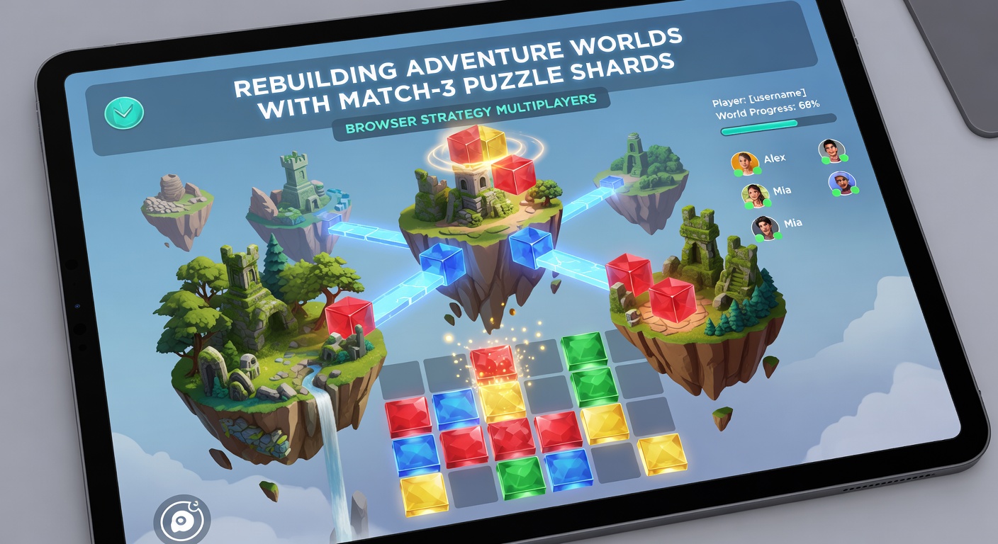 Multiplayer strategy screen displaying rival players' adventure worlds rebuilt with shard-fueled structures, puzzle boards active, and real-time raid alerts