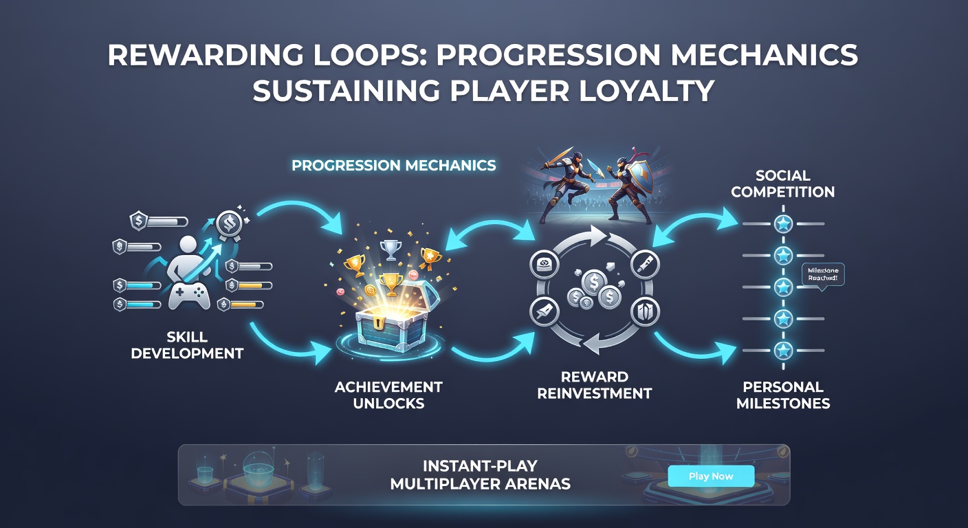 Close-up of a progression interface in an instant-play arena, displaying XP bars, reward chests, and loyalty streaks
