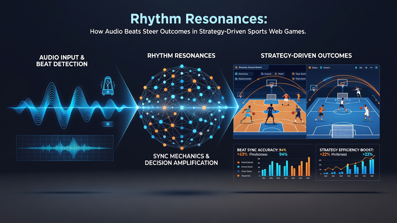Close-up of rhythm visualization in a strategy sports web game, with pulsing audio meters guiding player formations on a digital field