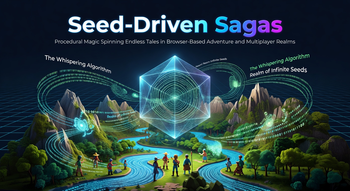 Vibrant procedural landscape unfolding in a browser adventure game, showcasing endless terrain variations from a single seed