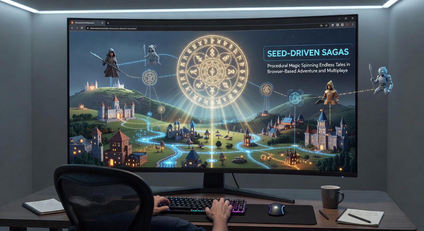 Multiplayer players collaborating in a shared seed-generated realm, exploring dynamic structures and events in real-time browser session