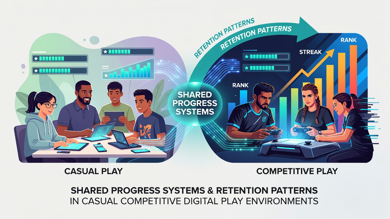 Illustration of shared progress systems in browser-based casual competitive games showing player data syncing across sessions