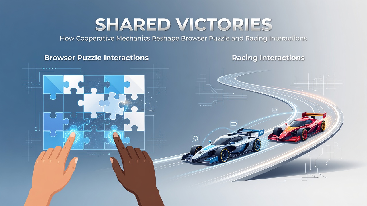 Players collaborating on a browser-based puzzle racing hybrid game with shared checkpoints and joint puzzle elements