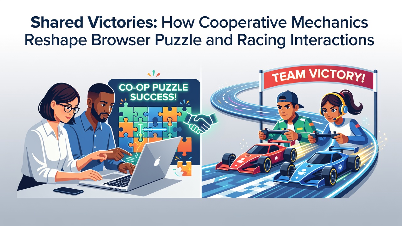 Group of players celebrating a shared finish line in a cooperative browser racing puzzle game