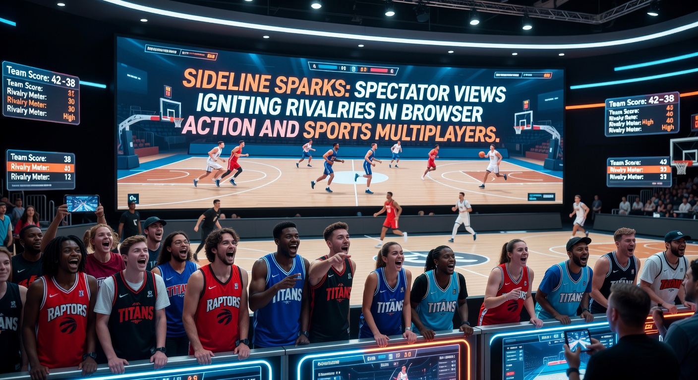 Crowd of virtual spectators cheering in a browser-based sports arena, with players clashing on the field below