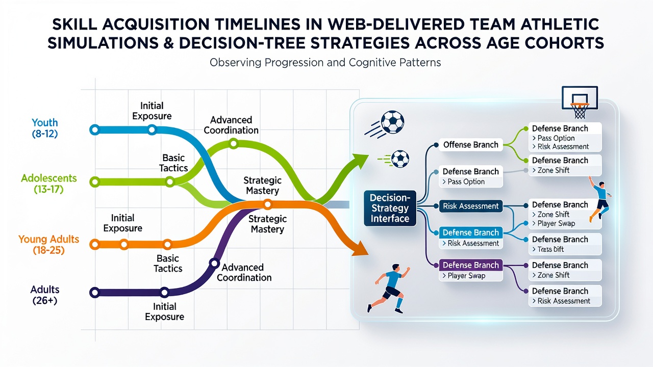 Web interface showing team athletic simulation with age-group performance metrics overlaid on strategy decision trees