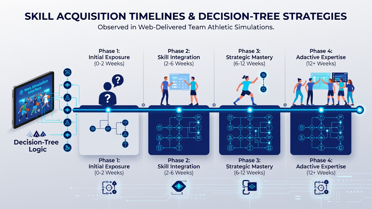 Graph comparing skill acquisition timelines for different age groups in online team simulations and strategy trees