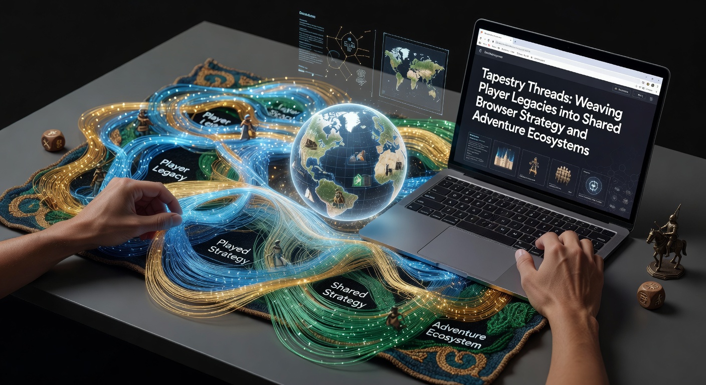 Detailed illustration showing interconnected player legacies forming a woven tapestry within browser-based strategy and adventure game environments