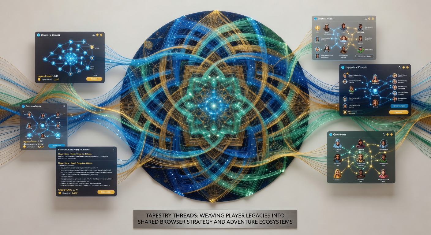 Visual representation of community-driven legacy threads linking multiple players in a shared browser adventure strategy setting